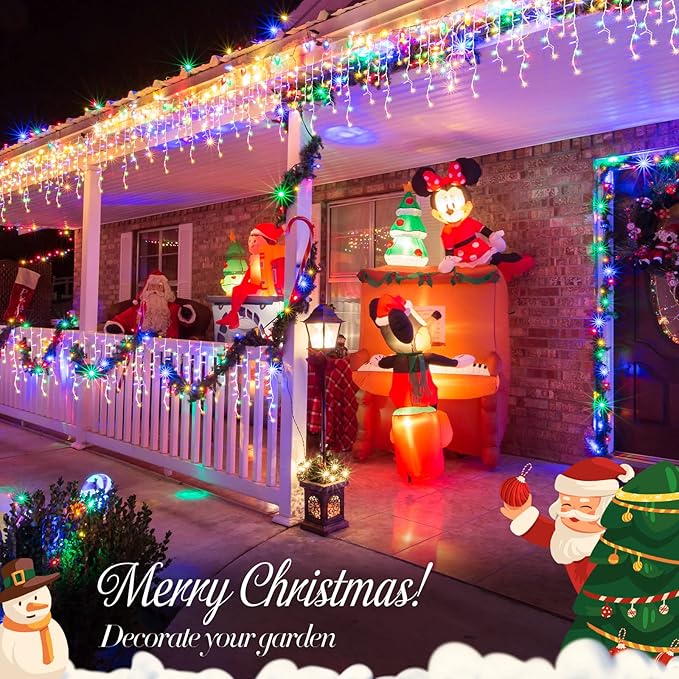 JMEXSUSS 800 LED Christmas Icicle Lights Outdoor Plug-in, Multicolor Waterproof, 8 Modes With 160 Drops for Bedroom House Holiday Party Decorations