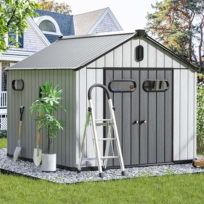 Aoxun 10X8FT Outdoor Shed with Floor, Resin Storage Shed with Lockable Door, Garden Utility Tool Shed Storage House for Backyard, Patio, Lawn