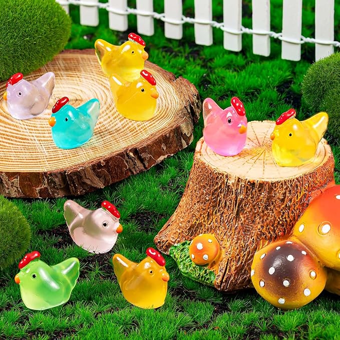 64PCS Luminous Mini Chicken Figurines Resin Miniature Animals, 8 Colors Tiny Chickens Miniature Glow in The Dark for Dollhouse, Micro Landscape, DIY, Home Outdoor Party Decor