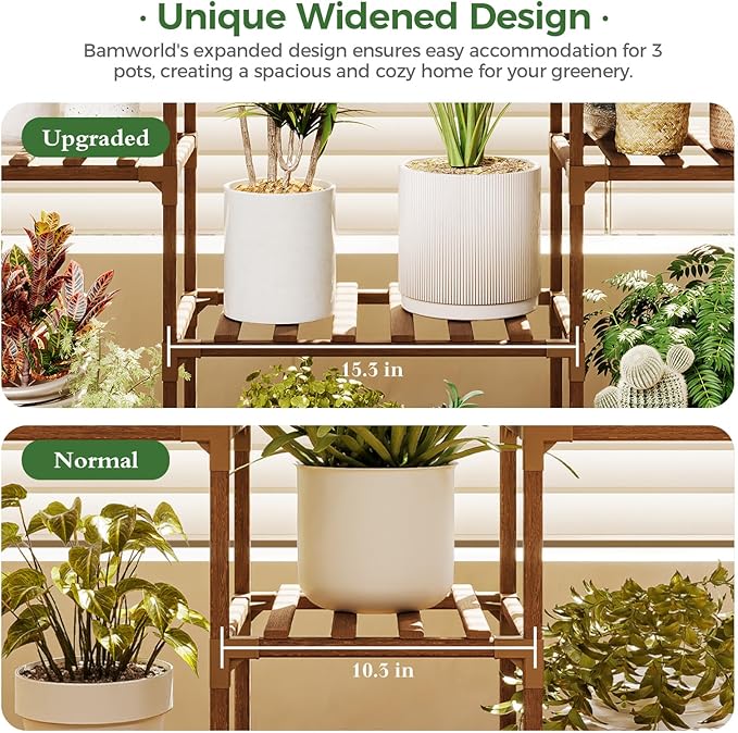 Bamworld Plant Stand with Grow Lights Large Plant Shelf for Mutiple Pots Plant Holder for Living Room Patio Boho Home Decor for Gardening Warm Light