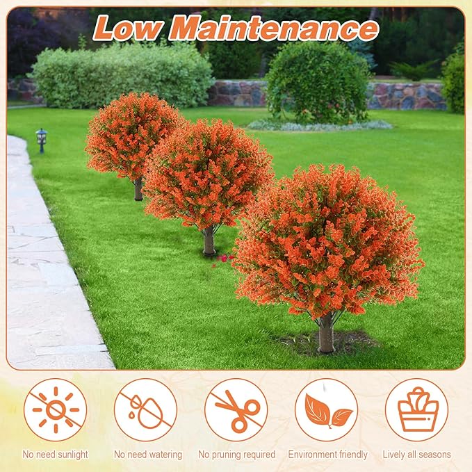 Yunlly 4 Pcs 18 Inch Fall Artificial Boxwood Ball Topiary Tree Outdoor Plants Bush, UV Resistance Faux Shrub with Spike Fall Porch Decor for Indoor Garden Yard Porch Patio Decor (Orange)