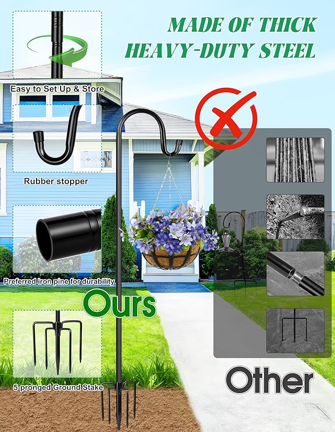 XDW-GIFTS Bird Feeder Pole for Outdoor, 60 Inch Shepherds Hooks Heavy Duty Garden Pole for Hanging Plant Basket, Solar Light Lanterns, Garden Plant Hanger Stands with 5 Base Prongs