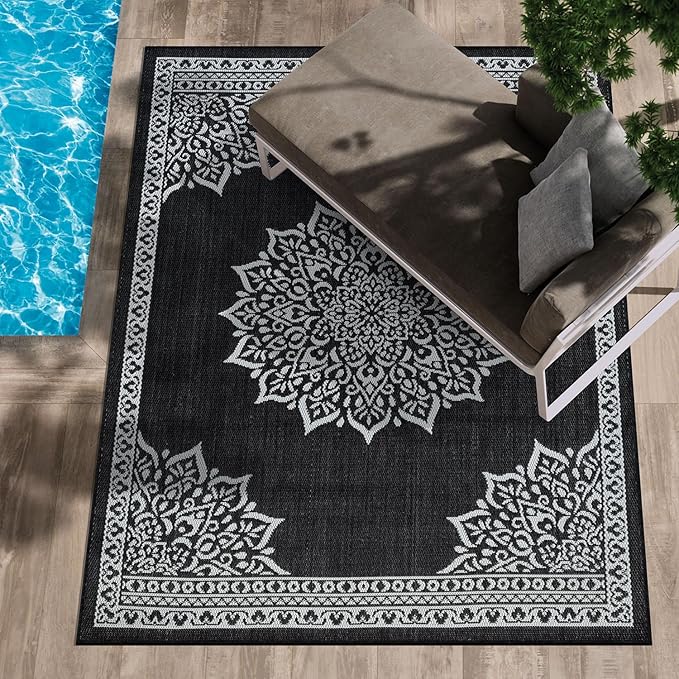 CAMILSON Outdoor Rug, 9x12 Medallion Black White Modern Area Rugs for Large Indoor and Outdoor Patios, Kitchen and Hallway Mats, Washable Porch Deck Outside Carpet (Medallion Black, 9 x 12)
