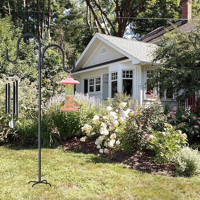 Double Shepherds Hook for Outdoor,78 Inch Bird Feeder Pole with 5 Prongs Base,Adjustable Heavy Duty Garden Hanging Holder for Hanging Plant,Solar Light,Weddings Decor,Hummingbird Feeder(1 Pack)