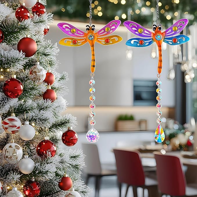 Crystal Dragonfly Suncatchers for Christmas, 2 Pack Dragonfly Sun Catcher for Windows Hanging, Stained Glass Dragonfly Ornament for Outdoor Home Decor