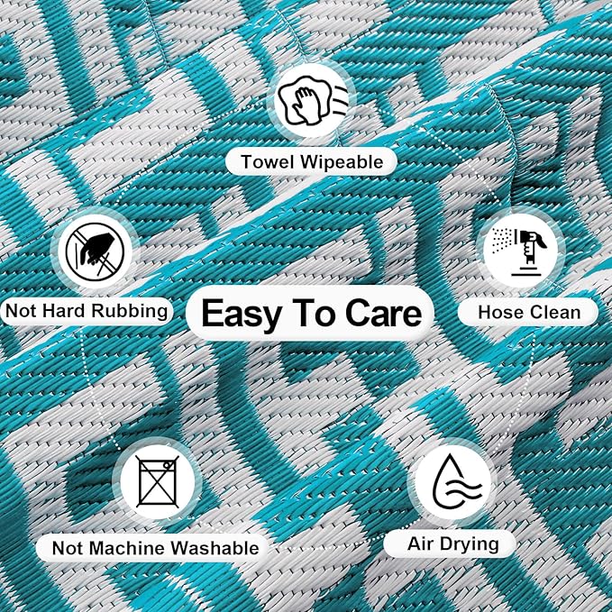 OutdoorLines Outdoor Plastic Area Rugs for Patio 5x8 ft - Reversible Outside Carpet, Stain & UV Resistant RV Mats, Straw Rug for Camping, Deck Garden, Porch and Balcony, Geometry Teal & Light Grey