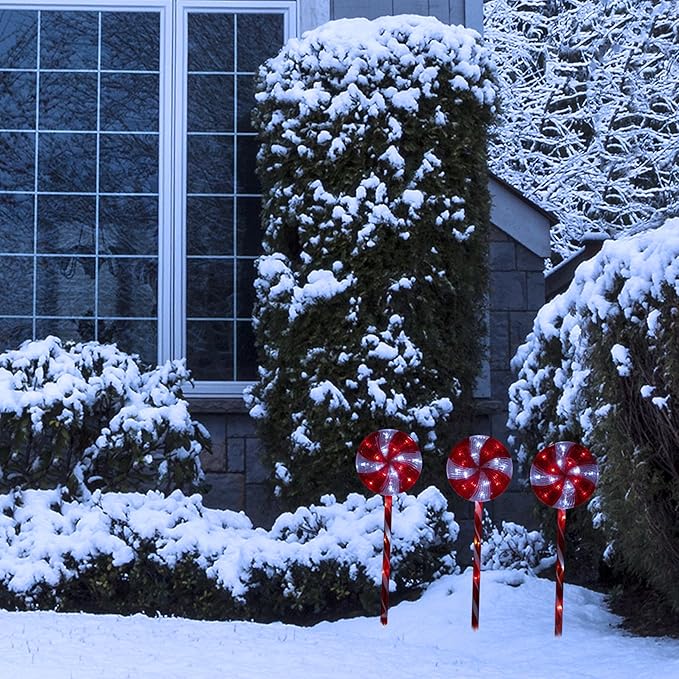 Alpine Corporation 28" H Outdoor Candy Cane Yard Stakes with Red and White LED Lights (Set of 3), Christmas Decoration
