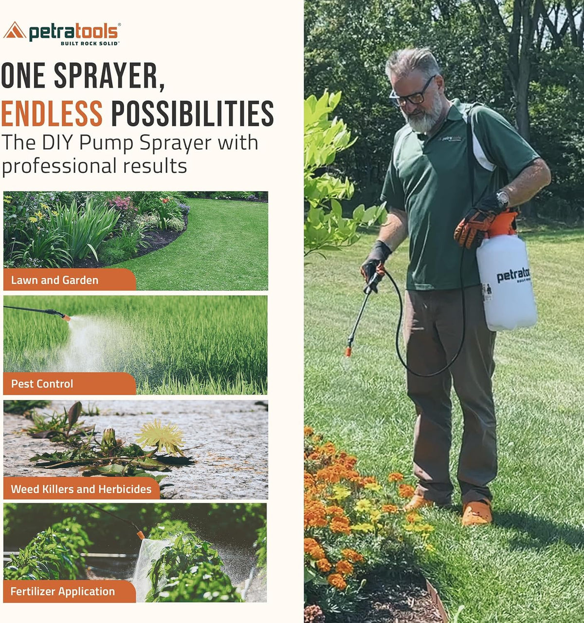 Petratools 2 Gallon Pump Sprayer - HD201 Garden Sprayer for Weeds, Lawn Care & Pesticides - 52" Long Hose, 2 Nozzles & Easy Carry Handle - Durable & Lightweight