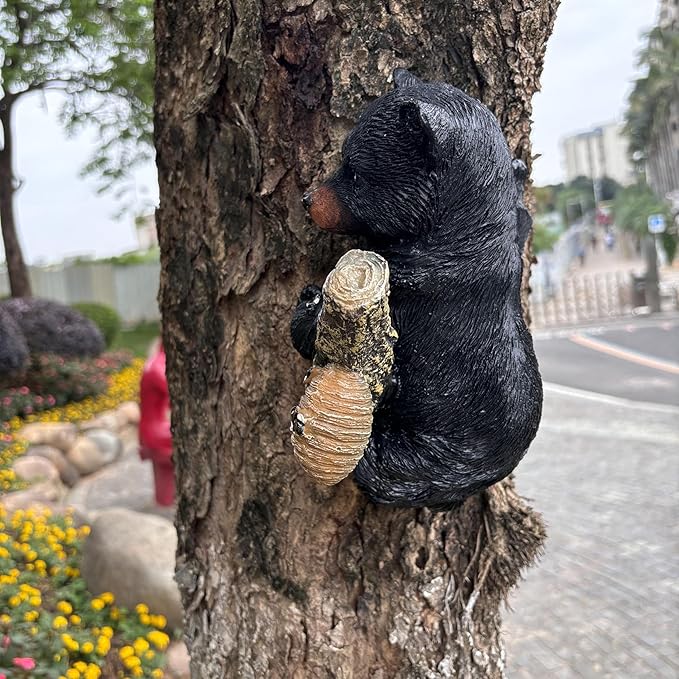 Black Bear Cub Tree Hugger Decor Outdoor Sculpture, Baby Bear Hanging Up a Tree Statue Garden Peeker, Adorable Cute Resin Tree Hugger Bear Face for Gifts and Garden Decor