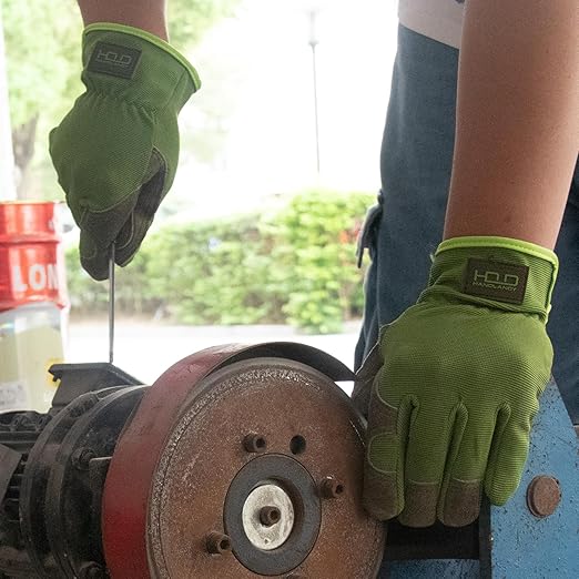 HLDD HANDLANDY Leather Work Gloves for Men & Women, Cowhide Gardening Gloves Utility Work Gloves, Mechanic Construction Driver Gloves (L, Green)