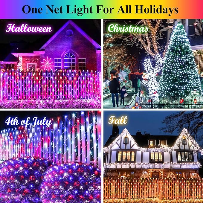 LitHome 204 LED Color Changing Christmas Net Lights, 9.8ft x 6.6ft Connectable Mesh Fairy String With Remote, Waterproof Plug-in Multicolored for Bushes, Garden, Backyard, Outdoor Decor