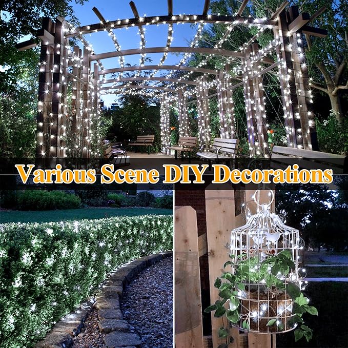 Ollny Solar String Lights Outdoor, 2 Pack Total 198FT 600LED Solar Fairy Lights, 8 Modes IP67 Waterproof for Outside Yard Garden Patio Xmas Party, Cool White