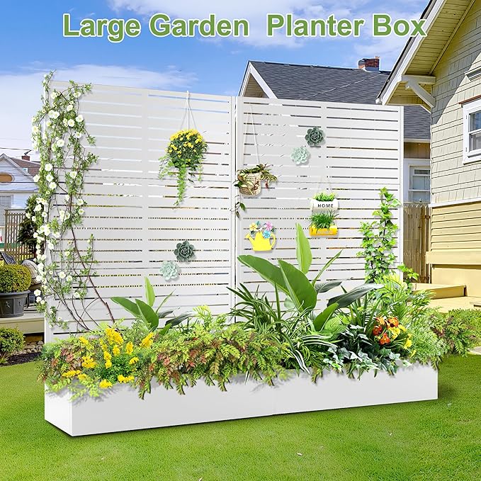 Trellis for Climbing Plants Outdoor,Mental Garden Bed with Drainage Holes Outdoor Privacy Screen Design Tall planters for herb Flower Vegetables 73"x47"x16", White-Louvered