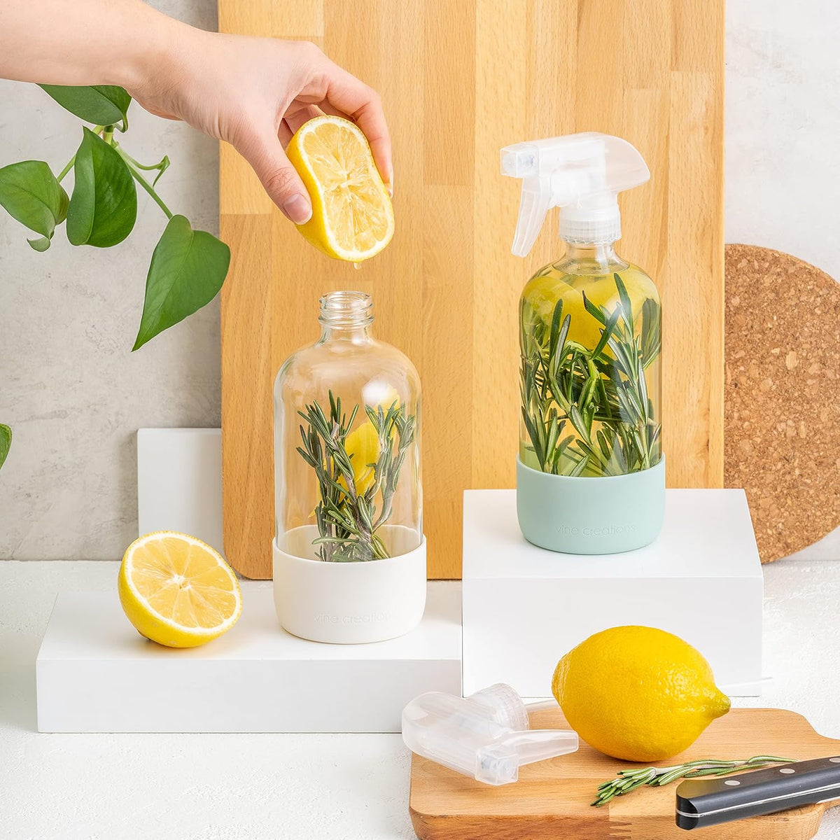 Vine Creations Glass Spray Bottles for Cleaning Solutions, Clear Glass Spray Bottle with Silicone Sleeve, 16 oz Empty Spray Bottles for Cleaning, Plant Spray Bottle, Mist and Stream Nozzle - 2 Pack