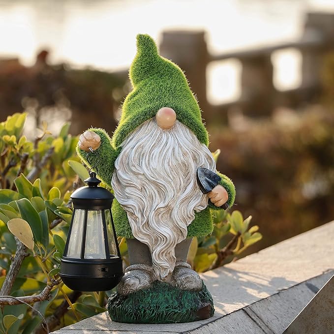 TERESA'S COLLECTIONS Christmas Outdoor Statue for Home, Resin Gnome Decorations with Solar Outdoor Lights for Garden Decor,Green Garden Sculptures & Statues for Front Patio Lawn, Gifts for Mom,12"