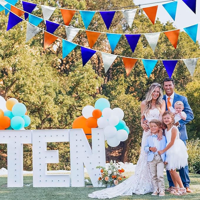 Orange Blue Silver Party Decorations Metallic Fabric Triangle Pennant Banner Flag Bunting Garland for Space Theme Birthday Wedding Bridal Shower Baby Shower Engagement Graduation Party Supplies
