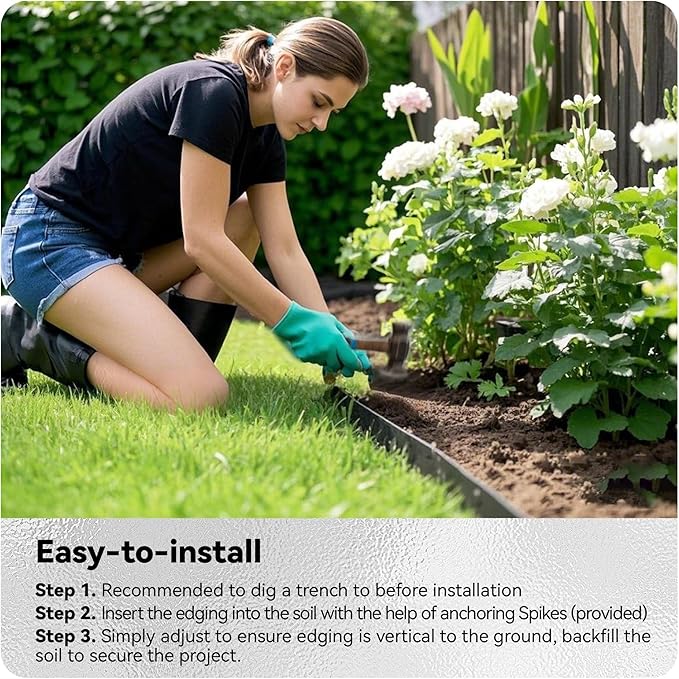 Worth Galvanized Steel Landscape Edging 6" x25' Metal Garden Edging Roll Flexible Bender Border with 8Pcs Stakes for Lawn, Flower Bed Edges, Black