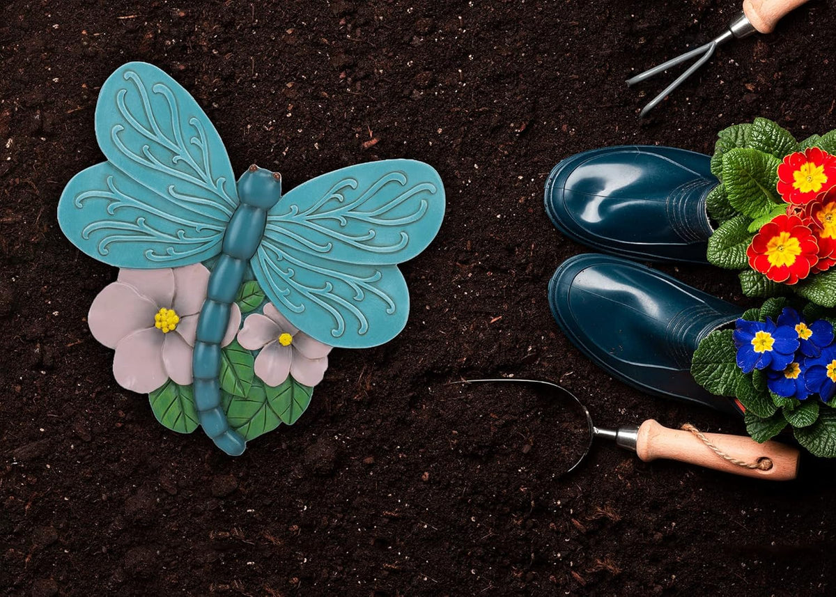 NAT & Jules Animal Character Shaped Dimensional Indoor Outdoor 11 inch Cast Resin Decorative Garden Stepping Stone, Patio, Walkway Sculpture Yard Art, Teal Blue Dragonfly
