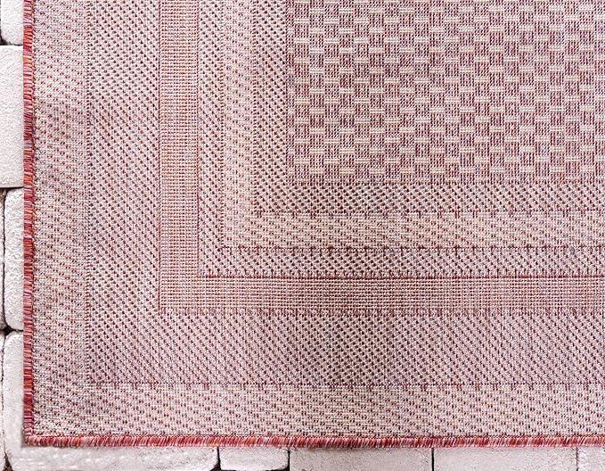 Unique Loom Outdoor Border Collection Area Rug - Soft Border (2' x 6' 1" Runner, Rust Red/ Ivory)