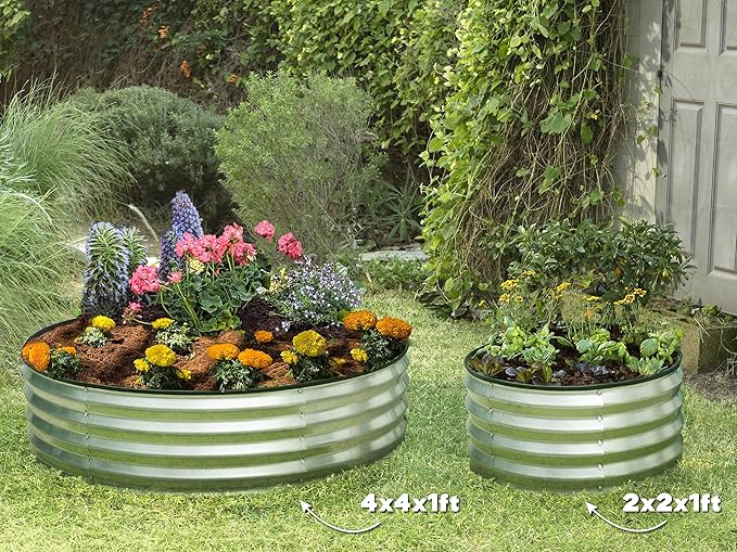 Round Galvanized Raised Garden Bed // 4×4×1 ft Galvanized Raised Garden Beds Outdoor for Gardening, Vegetables, Flowers // Patented Tool-Free Design Round Planter (Silver)