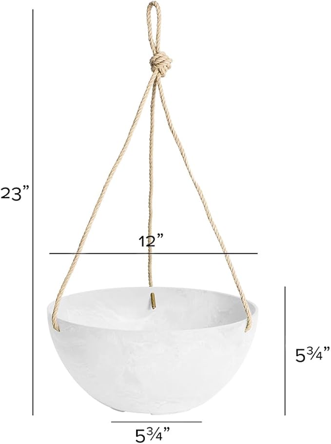 Root & Vessel Self Watering Hanging Planter for Indoor or Outdoor Plants, Unique Marbled Hanging Basket Made of Eco-Friendly Blend of Stone & Plastic, White, 12"