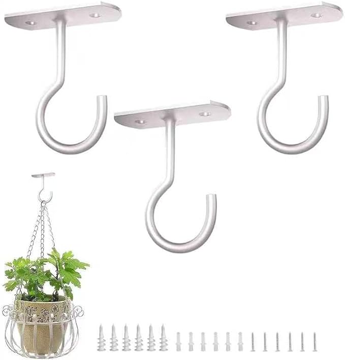 Ceiling Hooks for Hanging Plants-Metal Heavy Duty Wall Mounted Hangers for Hanging Bird Feeders, Planters, Wind Chimes, Include Professional Drywall Anchors (Pure White) 3 Pack