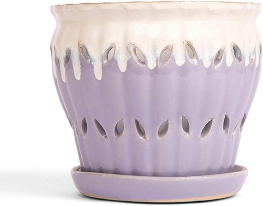 rePotme 6" Pinwheel Fluted Ceramic Plant Pot (Cream Over Lavender) - Includes Free 6 inch Slotted Pot Liner - Great for Orchids, Succulents, and All Indoor Plants