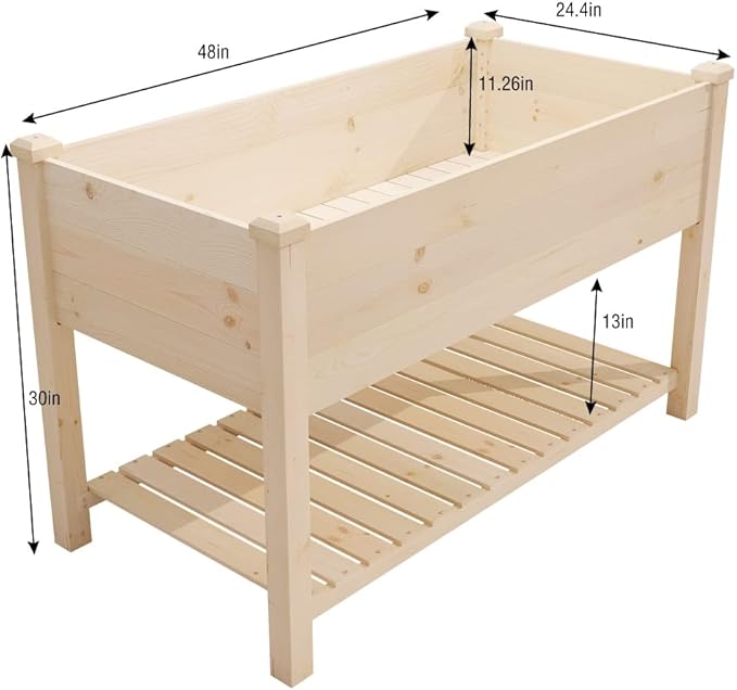 Raised Garden Bed with Storage Shelf 48.5x24.4x30 Inch, Elevated Wood Planter Box with Legs for Vegetable Flower Herb Outdoors Backyard, Patio, Balcony with Liner