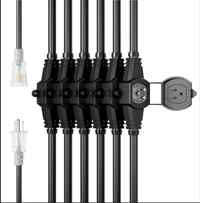 50FT 14 Gauge Heavy Duty Multi-Outlet Extension Cord, 7 Evenly Spaced Weatherproof Outlets, Great for Stage Backdrops, Landscape Garden Lighting, Christmas Halloween Decorations ETL