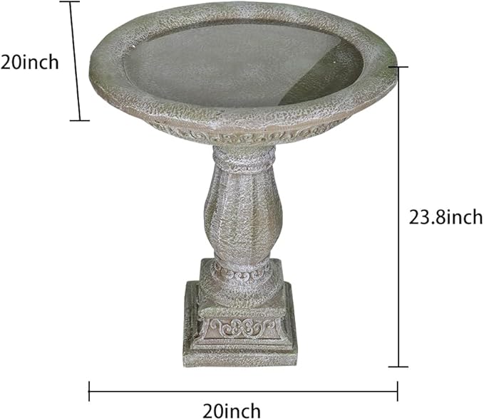 SunJet 23.8 Inch High Concrete Bird Bath with Carved Pedestal – Birdbath Sturdy & Elegant Design, Stone-Like Texture, Attracts Birds and Enhances Garden, Patio, Yard, Lawn Decor