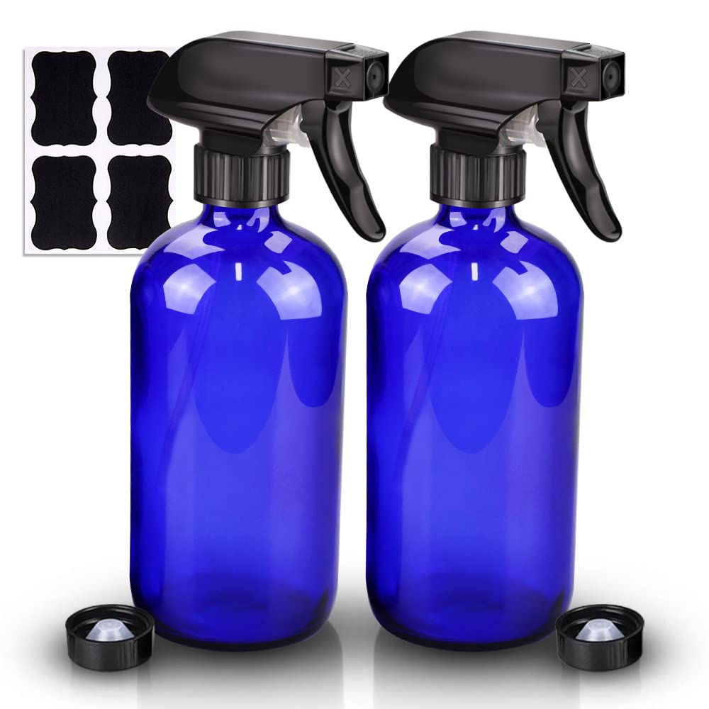 Wedama Glass Spray Bottle, 2 Pack Blue 16 oz Glass Spray Bottles for Cleaning Solutions and Essential Oils, Refillable Empty Spray Bottle with Adjustable Nozzles for Alcohol, Plant and Hair Care