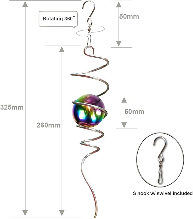Fonmy Gazing Ball Spiral Tail -Decorative Wind Spinner 11 inch Tail and 2 inch Steel Orb. Indoor Outdoor Garden Decoration Silver Multi Color Ball -13 inch Height