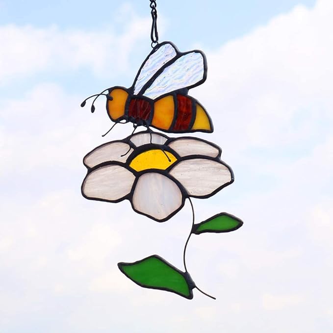 Bee Suncatcher Flower Stained Glass Window Hangings, Bee Decor Party Birthday Bee Gifts for Women,Bee Lovers, Housewarming Gifts.