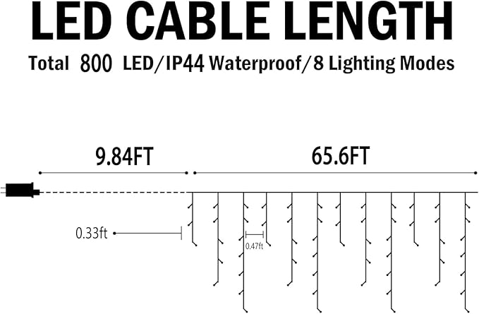 Hezbjiti Christmas Lights Decorations Outdoor, 800 LED 65.6 FT 8 Modes 150 Drops Fairy String Curtain Lights for Christmas Decor Eaves Window Party Yard Garden Indoor (Multicolor)