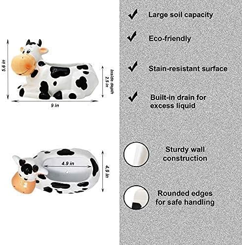 Cow Planter Pot - Cow Print Party Decoration Supplies - Garden Backyard Cow Stuff Statue - Flower Ceramic Succulent Planter - Plantador de Vacas - Large 9" with Drain