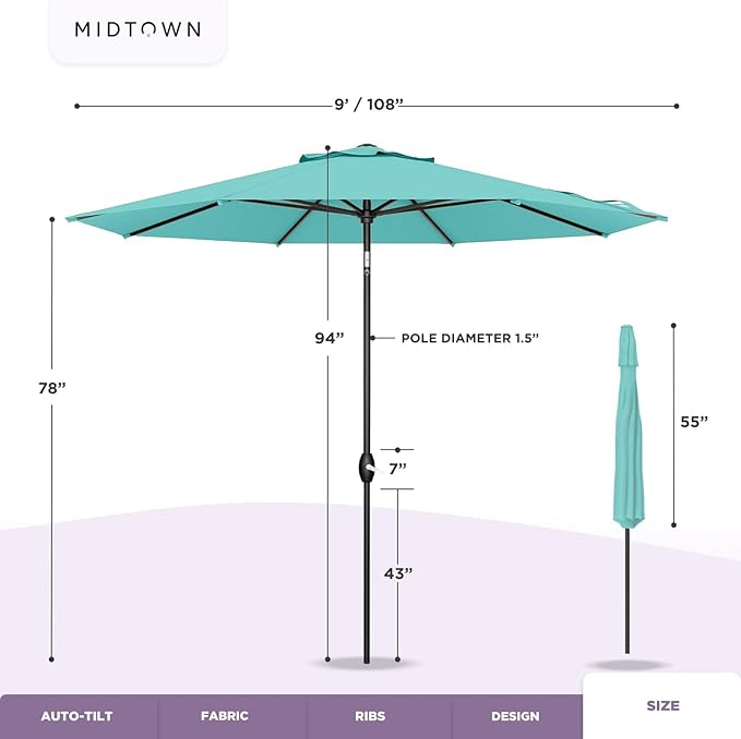 Midtown Umbrellas Sunbrella Umbrella 9 Feet Outdoor Umbrella With Dark Blue Acrylic Fabric - Auto-Tilt Aluminum Frame Patio Umbrella For Backyard, Deck, Garden, Pool - Black Pole