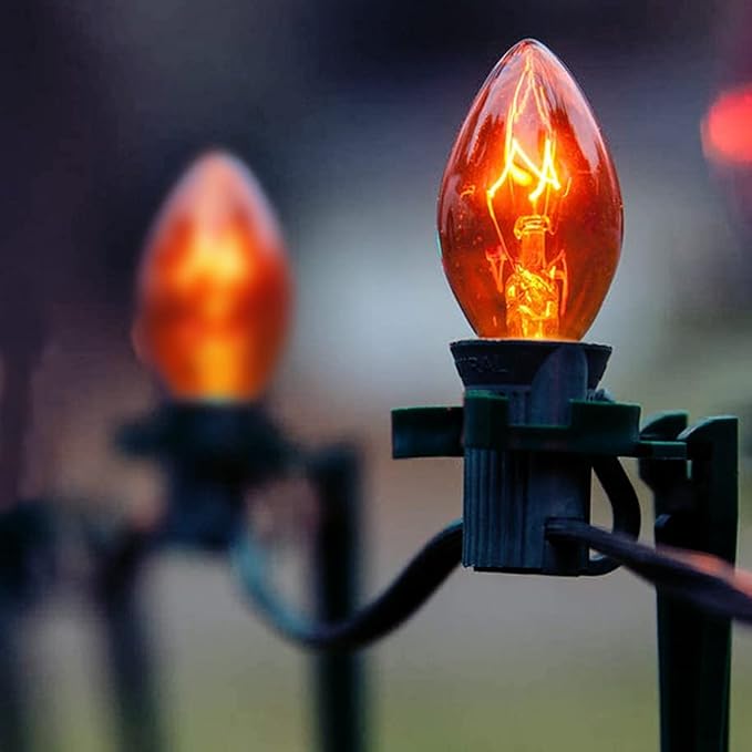 Christmas Orange String Lights Outdoor, 25Ft C7 Christmas Decorations Lights with 27 Clear Orange Bulbs (2 Spare), Waterproof Vintage Christmas Lights for Patio Halloween Party Holiday Garden- Black
