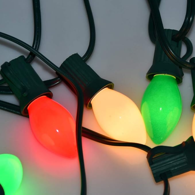 25Ft Christmas Lights Outdoor, C7 Vintage Christmas Lights with 27 Red White and Green Ceramic Bulbs, Hanging Outdoor Decorations Light Waterproof for Holidays Patio Garden Party Roofline