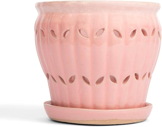rePotme 6 inch Pinwheel Fluted Ceramic Plant Pot (Cream Over Cotton Candy) - Includes Free 6 inch Slotted Pot Liner - Great for Orchids, Succulents, and All Indoor Plants