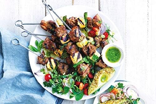 THORIUM BBQ Skewers |Shish Kebab Rotisserie Skewers for Grilling | Sharp Flat S kewers with Ring Handle for Easy Turning | Durable Stainless Steel | 12 Pieces, 35cm Long | Includes Basting Brush