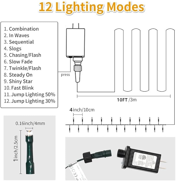 Christmas Light 500 LEDs 172ft Green Cable Wire Fairy String Outdoor Twinkle Lights Plug in 12 Modes for Xmas Party, Garden, Wedding, Home Decoration (Warm White)