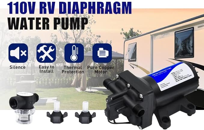 Water Pressure Booster Pump 110v Diapphragm Pump Inline Water Pump 75psi 5.5 GPM Self Priming RV Water Pump for Kitchen, Bathroom, RV, Marine Yacht, Caravan, Garden