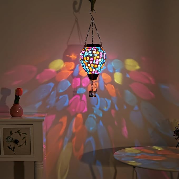 DREAMSOUL Butterfly Mosaic Hot Air Balloon Solar Lantern Hanging Glass Decorative LED Light Solar Lanterns Outdoor Waterproof