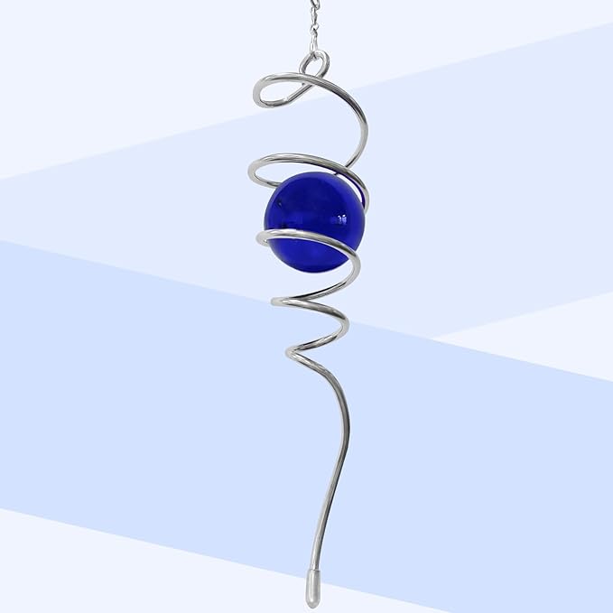 Gazing Ball Spiral Tail Wind Spinner,Decorative Wind Spinner 11inch Tail and 2 inch Glass Orb. Indoor Outdoor Wind Spinner Tail Sun Catcher Garden Decoration-13 inch Height(Dark Blue)