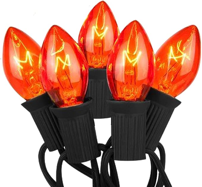 Christmas Orange String Lights Outdoor, 25Ft C7 Christmas Decorations Lights with 27 Clear Orange Bulbs (2 Spare), Waterproof Vintage Christmas Lights for Patio Halloween Party Holiday Garden- Black