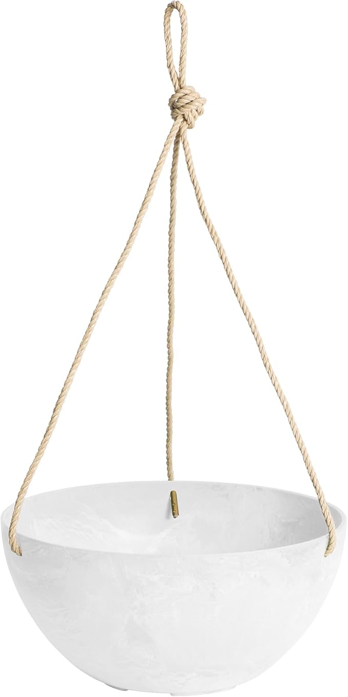 Root & Vessel Self Watering Hanging Planter for Indoor or Outdoor Plants, Unique Marbled Hanging Basket Made of Eco-Friendly Blend of Stone & Plastic, White, 12"