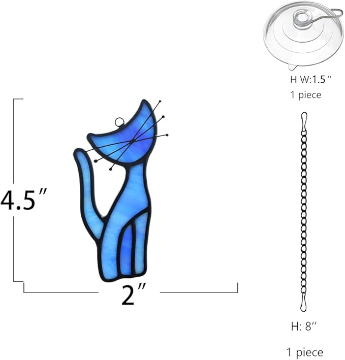 Cat Decor Stained Glass Window Hangings,Blue Cat Suncatcher for Window Cat Ornament Home Decor,Cat Themed Gifts for Women Cat Lovers Gifts,Great for Livingroom Bedroom