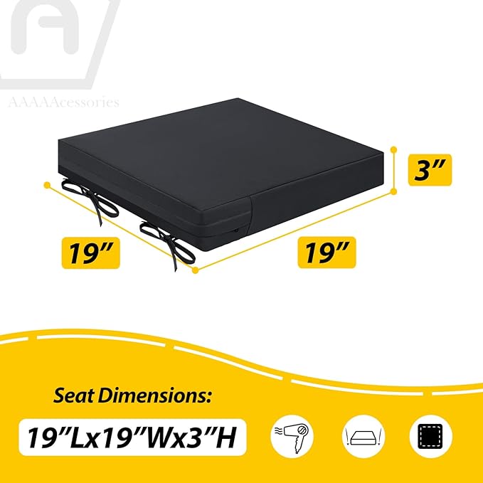 AAAAAcessories Outdoor Seat Cushions for Chairs, Waterproof, Fade-Resistant Patio Furniture Replacement Cushions, 19" x 19" x 3", Set of 2, Black