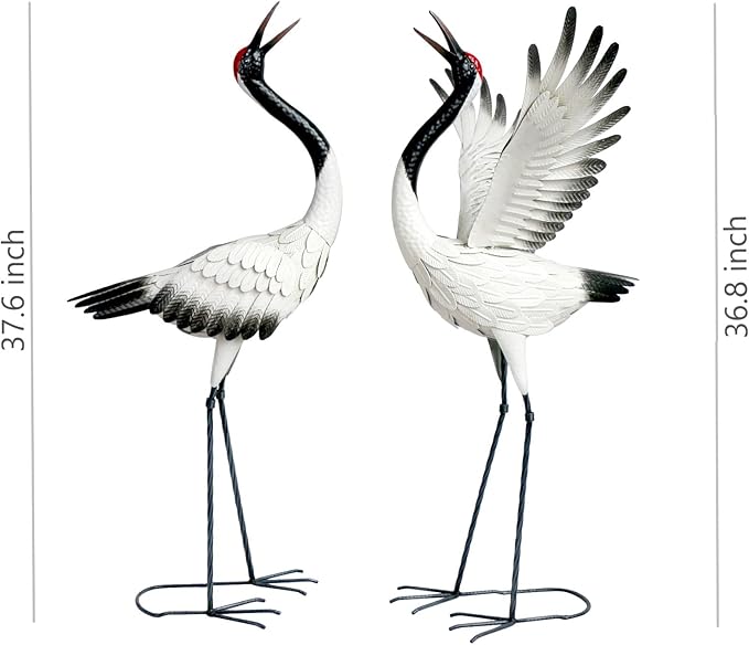 chisheen Crane Garden Statues Outdoor Metal Heron Yard Art Crane for Garden Sculptures Patio Lawn Ornaments,Set of 2