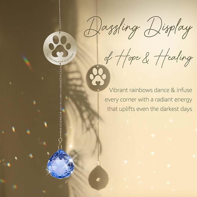 Dog Memorial Gifts, Unique Loss of Pet Sympathy Idea, Navy Blue Crystal Ball Rainbow Suncatcher with Paw Print for Cat or Dog Remembrance and Bereavement
